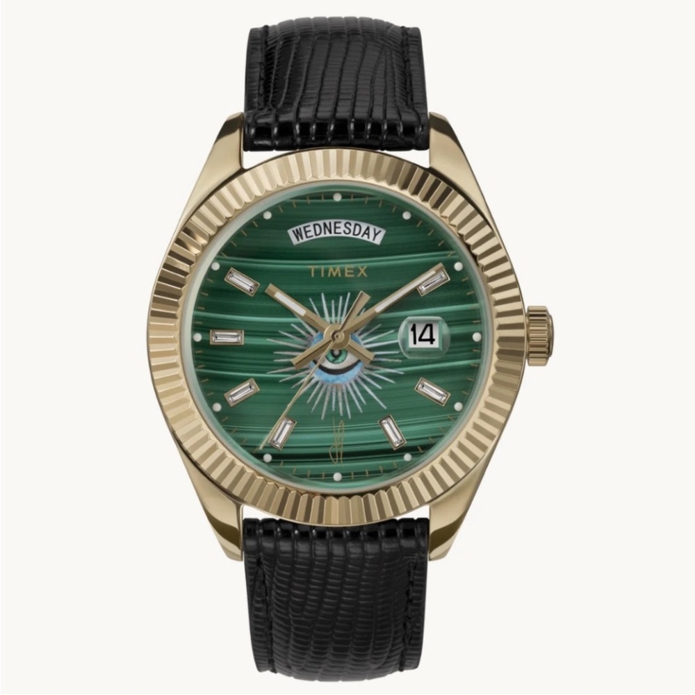 Jacquie Aiche Gold Case Watch with malachite  Dial and Black Strap